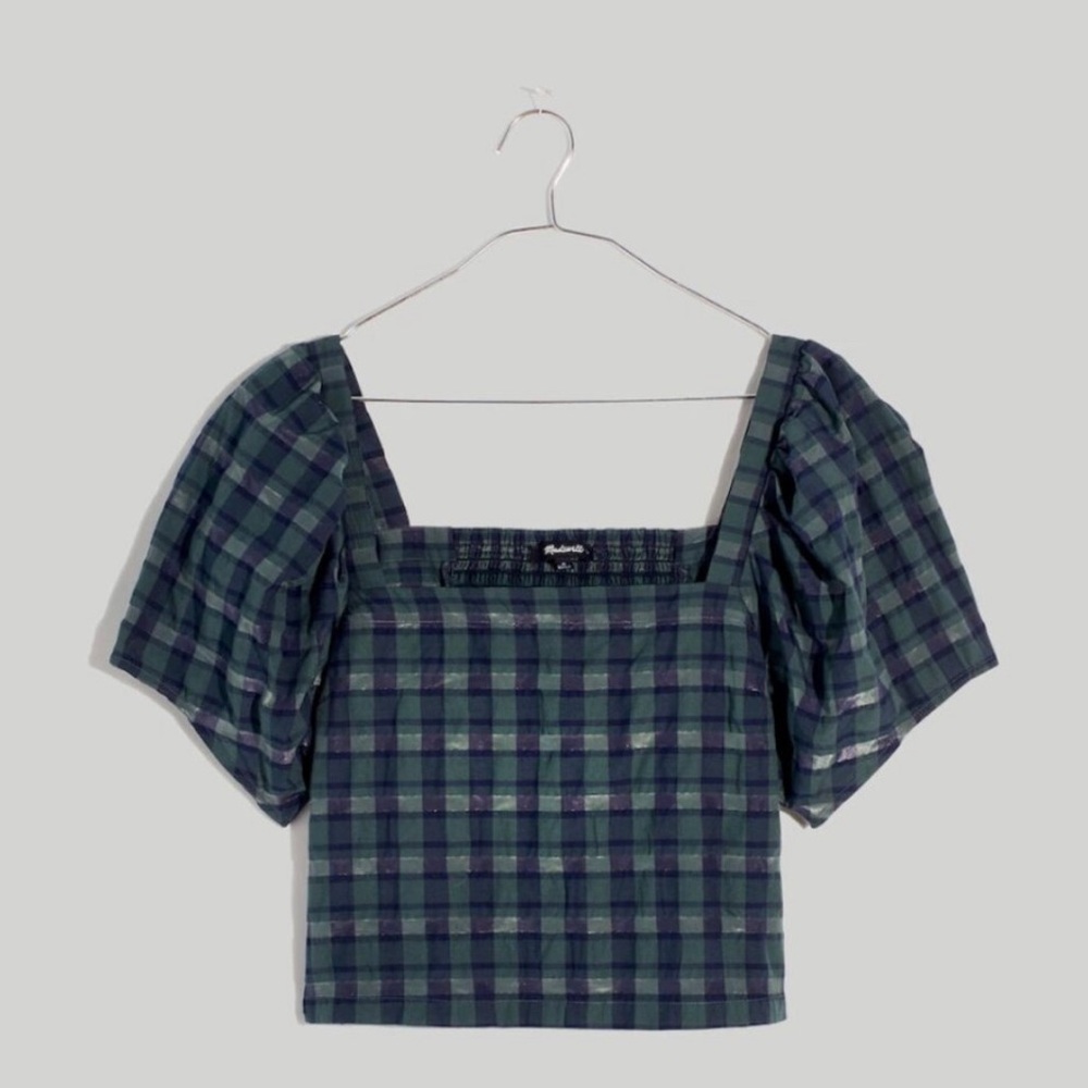 Madewell - Hopewell Puff Sleeve Crop Top - Navy/Green Plaid - XL - NWT